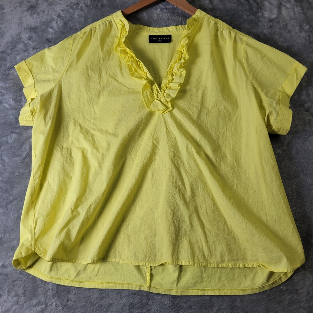 Lane Bryant Yellow Ruffle V-Neck Short Sleeve Cotton Blouse Plus Size 14/16
